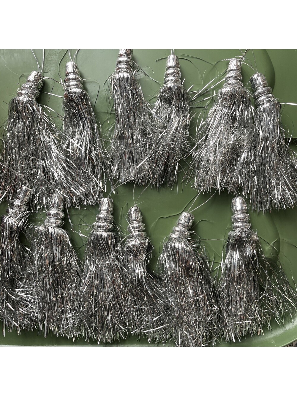 LOT of 12 Foil Tinsel Tassel Christmas  Ornaments Silver 7" long